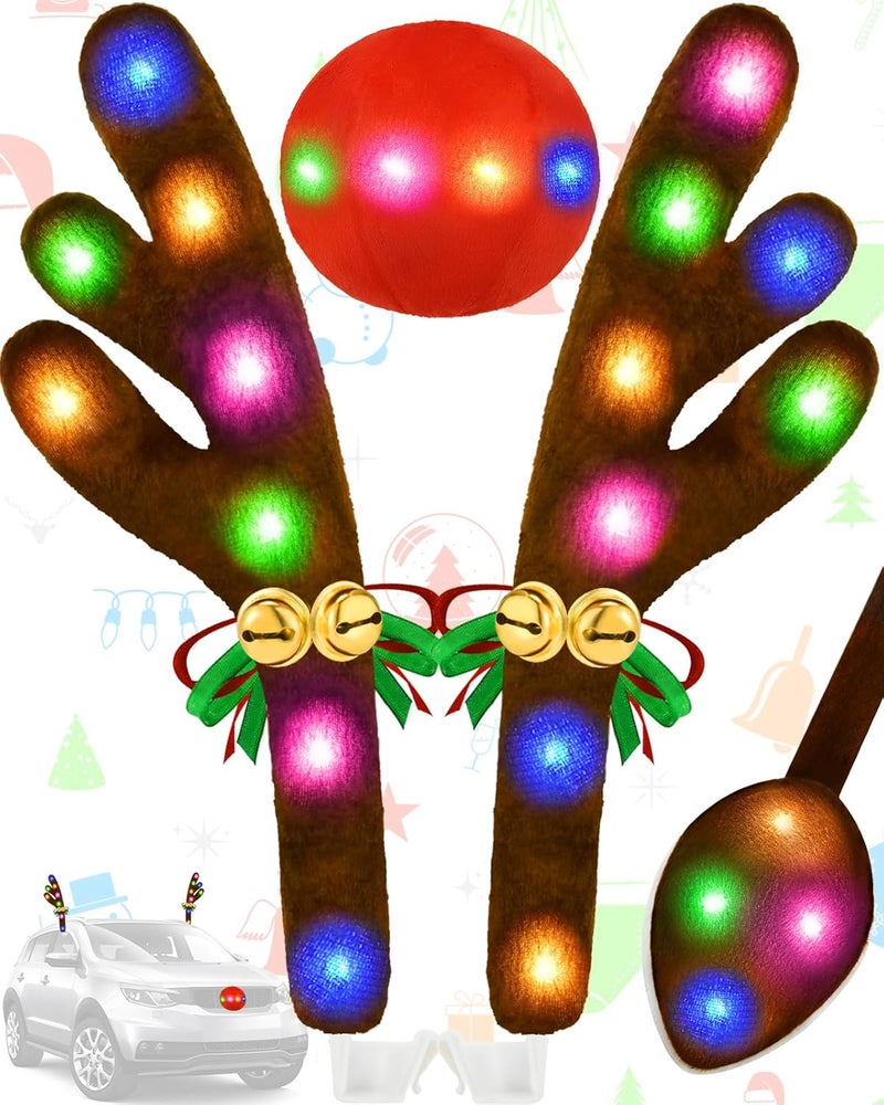 Dergo Christmas Reindeer Antlers Car Decoration Kit, IP44 Waterproof LED Lights Nose Vehicle with Jingle Bells Rudolph, Auto Holiday Accessories for SUV Van Truck Decor Multicolor - Image 1